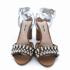 miumiu アンクルストラップサンダル ビジュー メタリック EU35.5 22.5cm 茶 ブラウン シルバーカラー