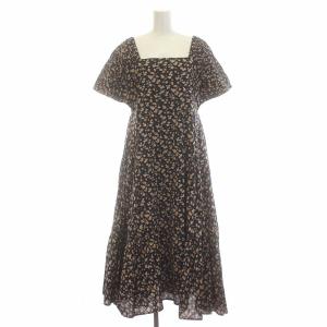 ギャザーフローラルワンピース ロング 花柄 半袖 XS 黒 ブラック ピンク