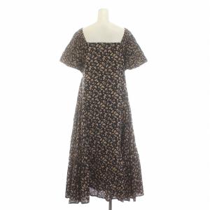 Merlette ギャザーフローラルワンピース ロング 花柄 半袖 XS 黒 ブラック ピンク