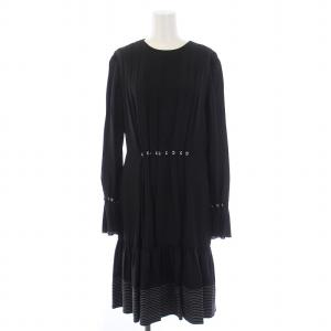 ワンピース ひざ丈 長袖 シルク 0 XS 黒 ブラック 白 ホワイト /BM