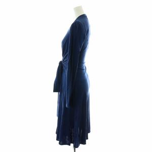 ISSA LONDON ワンピース ひざ丈 フレア 長袖 Vネック タック リボン サイドジップ 絹 シルク 6 XS 紺 ネイビー