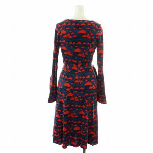 ISSA LONDON ワンピース ひざ丈 フレア 総柄 長袖 カシュクール ラップ Vネック リボン 絹 シルク 6 XS 紺 ネイビー 赤 レッド