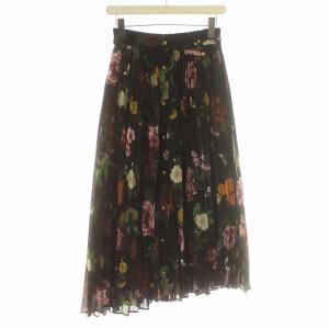 スカート 花柄 アシンメトリ プリーツ ロング F 黒 ブラック
