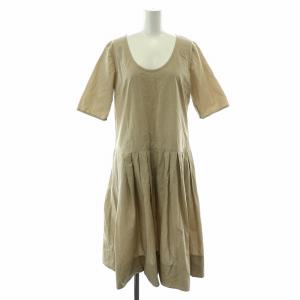 MARGARET HOWELL ワンピース ひざ丈 フレア プリーツ タック Uネック 五分袖 サイドジップ 2 M ベージュ /NW11