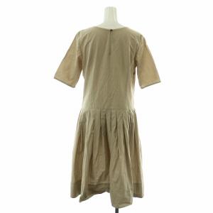 MARGARET HOWELL ワンピース ひざ丈 フレア プリーツ タック Uネック 五分袖 サイドジップ 2 M ベージュ /NW11