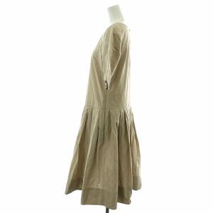 MARGARET HOWELL ワンピース ひざ丈 フレア プリーツ タック Uネック 五分袖 サイドジップ 2 M ベージュ /NW11