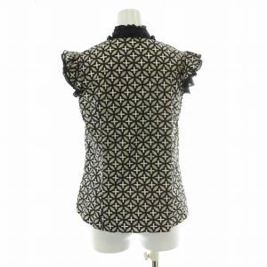 DRESSTERIOR オーバーラップサークルウィングスリーブブラウス シャツ フリル リボン ノースリーブ 総柄 38 M 黒 ブラック ベージュ