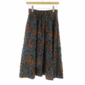 DRESSTERIOR ボタニカルジャカードスカート フレア ミモレ ロング リーフモチーフ 刺繍 36 S 緑 グリーン 茶 ブラウン