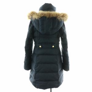 BLUE LABEL CRESTBRIDGE ダウンコート ロング ジップアップ フード フィンラクーンファー スタンドカラー 裏地チェック 38 M 紺 ネイビー ベージュ