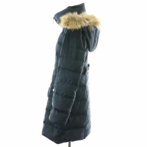 BLUE LABEL CRESTBRIDGE ダウンコート ロング ジップアップ フード フィンラクーンファー スタンドカラー 裏地チェック 38 M 紺 ネイビー ベージュ