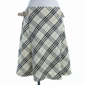 BURBERRY LONDON フレアスカート ひざ丈 チェック サイドベルト 42 L アイボリー