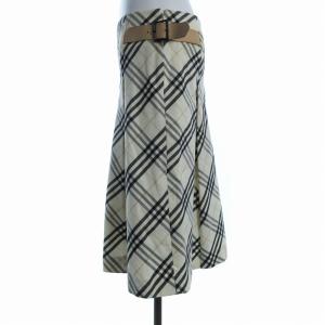 BURBERRY LONDON フレアスカート ひざ丈 チェック サイドベルト 42 L アイボリー