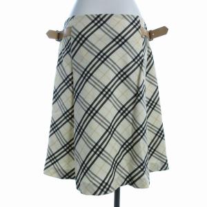 BURBERRY LONDON フレアスカート ひざ丈 チェック サイドベルト 42 L アイボリー
