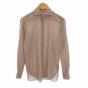 シャツ ホリゾンタルカラー 総柄 コットン 長袖 S 白 ホワイト 茶 ブラウン