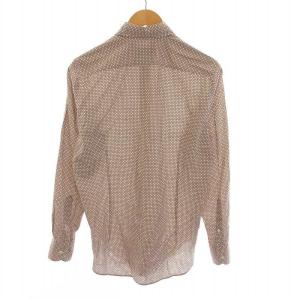 GUY ROVER シャツ ホリゾンタルカラー 総柄 コットン 長袖 S 白 ホワイト 茶 ブラウン