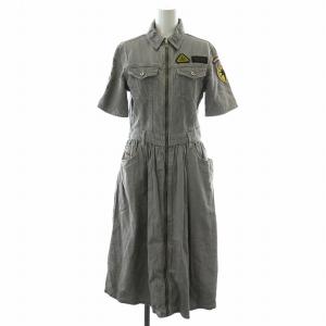 シャツワンピース ロング ミモレ フレア ジップアップ 半袖 ギャザー デニム ワッペン XS グレー