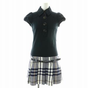 シャツワンピース ひざ丈 フレア タック ベルト フェイクレザー ノバチェック 切替 半袖 ハーフボタン パフスリーブ ロゴ刺繍
