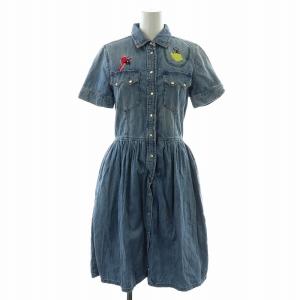 シャツワンピース デニム ひざ丈 フレア ギャザー 半袖 刺繍 XXS 青 ブルー /NW18
