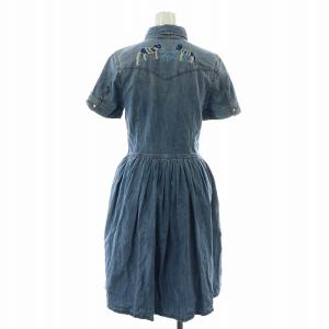 DIESEL シャツワンピース デニム ひざ丈 フレア ギャザー 半袖 刺繍 XXS 青 ブルー /NW18