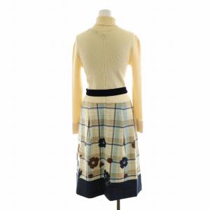 M'S GRACY リブニットワンピース ミモレ ロング 切替 チェック フラワーモチーフ タートルネック 長袖 ベルト付き 38 M アイボリー