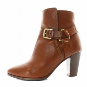 ショートブーツ ブーティ レザー ベルト ハイヒール チャンキーヒール 8 25.0cm 茶 ブラウン