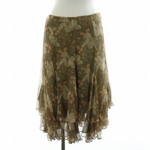 ティアードスカート フレア ミモレ ロング 花柄 絹 シルク フラワーモチーフ 2 S 茶 ブラウン