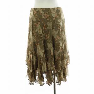 RALPH LAUREN ティアードスカート フレア ミモレ ロング 花柄 絹 シルク フラワーモチーフ 2 S 茶 ブラウン