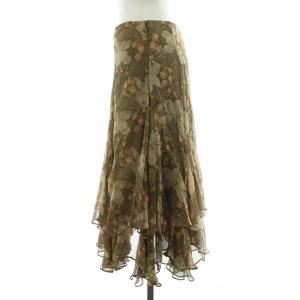 RALPH LAUREN ティアードスカート フレア ミモレ ロング 花柄 絹 シルク フラワーモチーフ 2 S 茶 ブラウン