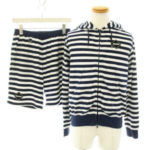 セットアップ 上下 パーカー 長袖 ショートパンツ イージーパンツ ボーダー柄 S 紺 ネイビー 白 ホワイト