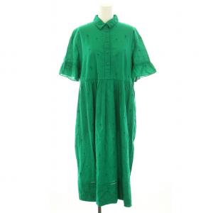 パームツリーシャツワンピース ロング 半袖 フリル ヤシの木刺繍 M 緑 グリーン