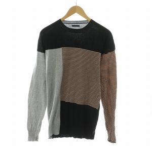 ニット セーター カットソー 長袖 ボーダー 切替 クルーネック 黒 ブラック ピンク
