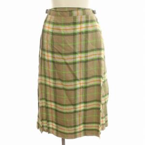 リネン ラップスカート チェック ひざ丈 麻 スカート US8 S相当 ベージュ 黄緑 /G