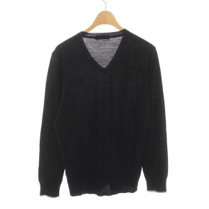 BURBERRY BLACK LABEL ニット セーター Vネック 薄手 ロゴ刺繍 長袖 ウール 2 M 黒 ブラック