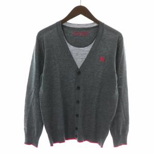 BURBERRY BLACK LABEL ニットカーディガン 長袖 Vネック ロゴ刺繍 バイカラー ウール 1 S グレー ピンク