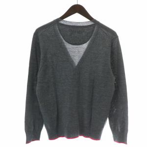 BURBERRY BLACK LABEL ニットカーディガン 長袖 Vネック ロゴ刺繍 バイカラー ウール 1 S グレー ピンク
