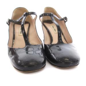 miumiu エナメル パンプス ビジュー チャンキーヒール ラウンドトゥ 35.5 22.5cm 黒 ブラック