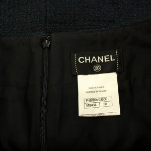 CHANEL ツイードスカート ミニ 台形 フレア フリンジ ココマーク 絹 シルク 38 M 紺 ネイビー