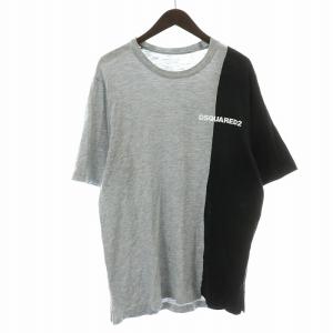 Tシャツ カットソー 半袖 クルーネック バイカラー 切替 ロゴプリント XS グレー 黒 ブラック /NW9