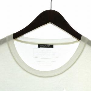 BALMAIN Tシャツ カットソー 半袖 クルーネック ロゴプリント ダメージ加工 S 白 ホワイト 黒 ブラック /NW8