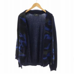 HYDROGEN ニット ジップアップ ダブルジップ 長袖 カモフラ 迷彩 スカル ドクロ ハイネック ロゴワッペン L 紺 ネイビー