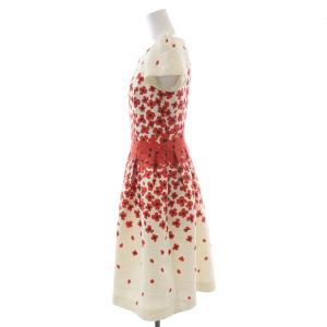 M'S GRACY フレアワンピース タック ひざ丈 半袖 クルーネック 花柄 38 M 白 ホワイト 赤 レッド タグ付き