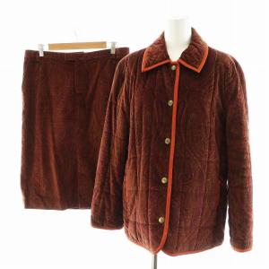 セットアップ 上下 ジャケット タイトスカート ひざ丈 ペーズリー柄 ベロア 中綿 46 XL 茶 ブラウン