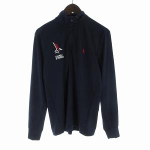 カットソー ロゴ 刺繍 プリント スタンドカラー ハーフジップ 長袖 XS 紺 ネイビー