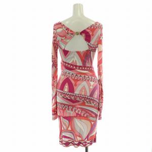 Emilio Pucci タイトワンピース ひざ丈 長袖 総柄 ストレッチ 34 XXS ピンク 紫 パープル 白 ホワイト