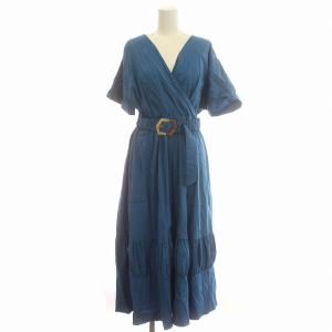 22SS ワンピース ロング 半袖 フレア ベルト付 36 S 青 ブルー
