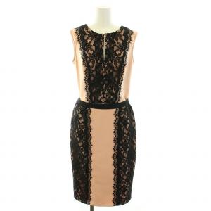 ピンク×ブラックレースミディアムタイトドレス ワンピース ひざ丈 ノースリーブ 花柄レース 6 XL ピンク