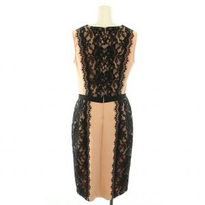 TADASHI SHOJI ピンク×ブラックレースミディアムタイトドレス ワンピース ひざ丈 ノースリーブ 花柄レース 6 XL ピンク