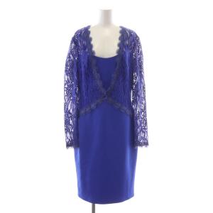 タイトワンピース ひざ丈 長袖 ストレッチ レース 刺繍 切替 10 XL 青 ブルー タグ付き /BB
