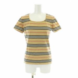 Tシャツ カットソー ボーダー Uネック ロゴ 刺繍 半袖 2 M ベージュ FAD52-318-40