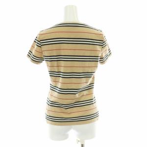 BURBERRY LONDON Tシャツ カットソー ボーダー Uネック ロゴ 刺繍 半袖 2 M ベージュ FAD52-318-40
